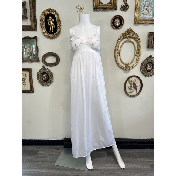 Dresses & Skirts - Vintage White Pink Floral Embroidered Satin Slip Dress Maxi Nightgown Size L